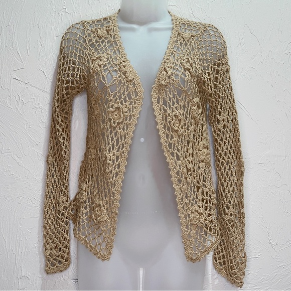 Vintage 2000s Floral Crochet Cardigan Womens S M Boho Y2k Lightweight Sweater - Picture 2 of 9